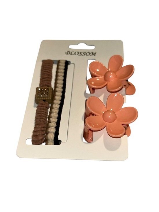 Other - Kids Peach Flower Hair Clips and Elastic Set